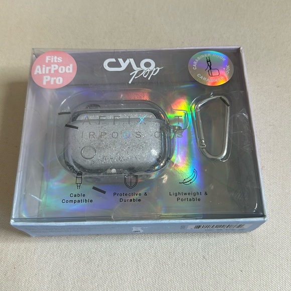 New In Package Sparkly Cylo Pop Silver Glitter Water Fall AirPod Pro Clear Case - Picture 3 of 8